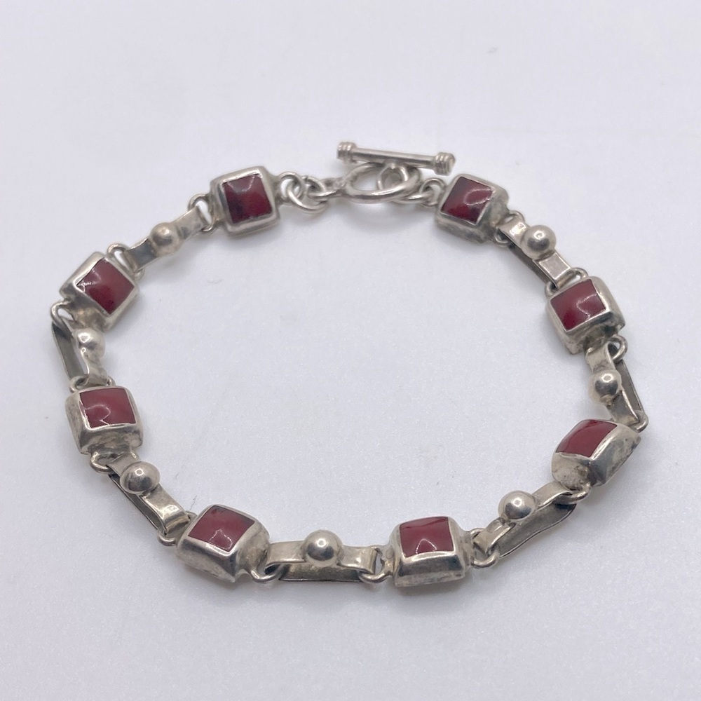 STERLING Silver Jasper Stone Panel Link Toggle Clasp Bracelet 7.5” - Vintage - Picture 2 of 8